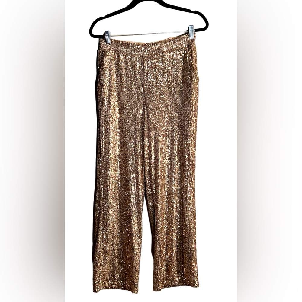 Cable & Gauge gold sequin pants with pockets, elastic waistband. NWOT sz- S
